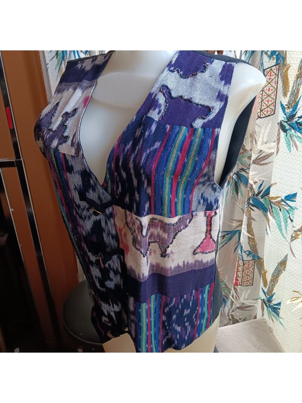 Small Vintage Effeci Womens Multicolor Patchwork Vest Beaded 1990s Coastal Boho